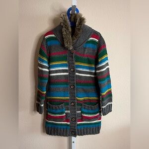 Hanna Andersson Multicolor Striped Cardigan with Faux Fur Collar